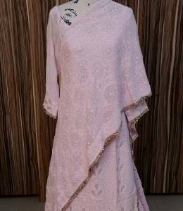 PINK LONG LUCKNOWI KURTI WITH KALI LEHENGA & WITH BADLA
